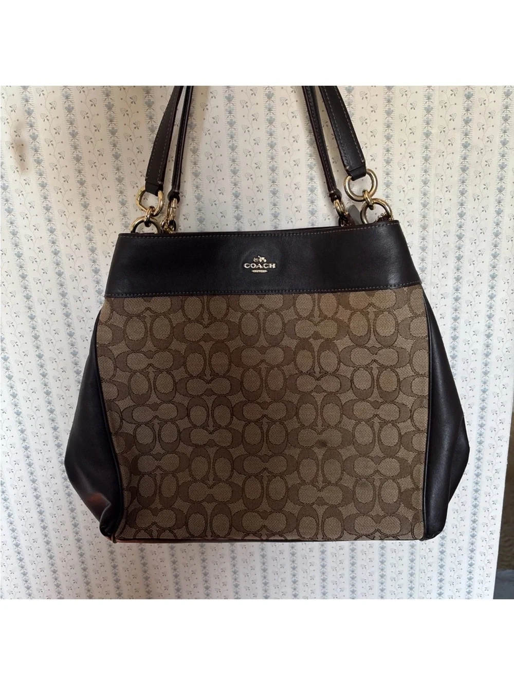 Coach Brown Signature Canvas Shoulder Bag with Dark Brown Trim